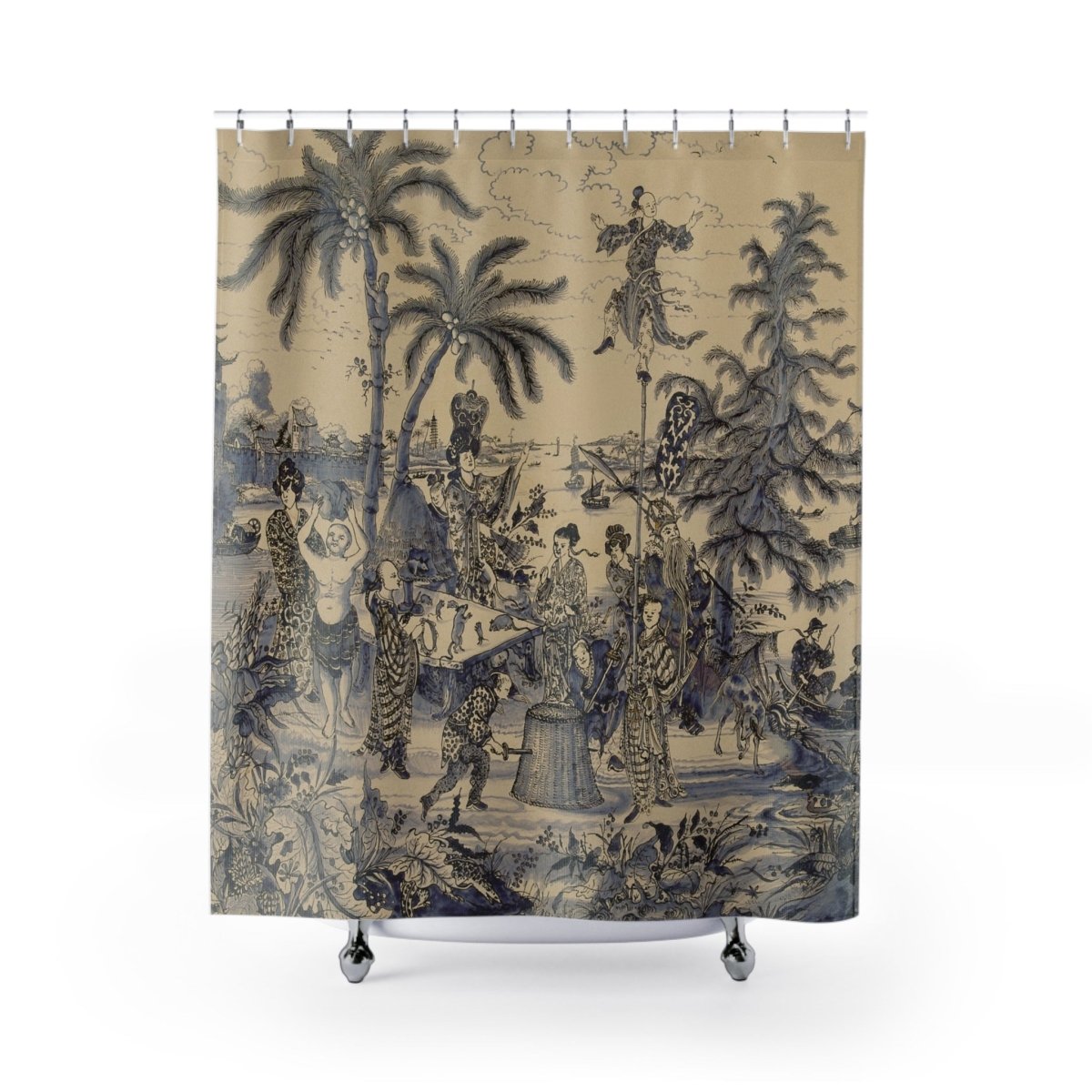 Vintage Chinoiserie Palm Tree Shower Curtain in Turquoise - Shower Curtain - Piccolo Fiore Prints