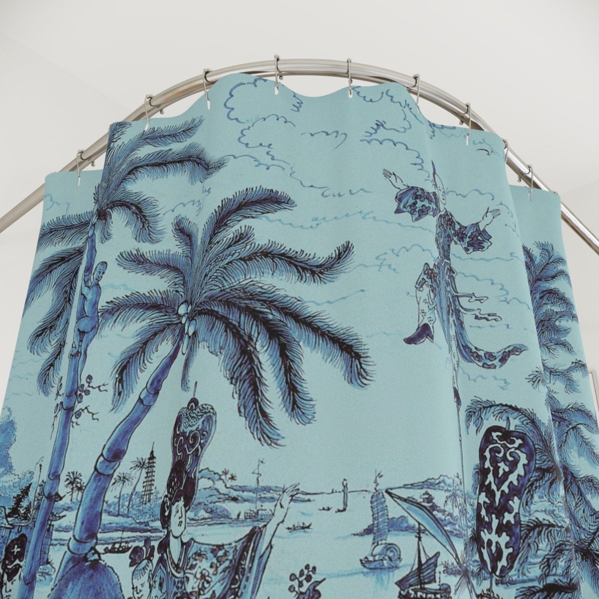 Vintage Chinoiserie Palm Tree Shower Curtain in Turquoise - Shower Curtain - Piccolo Fiore Prints