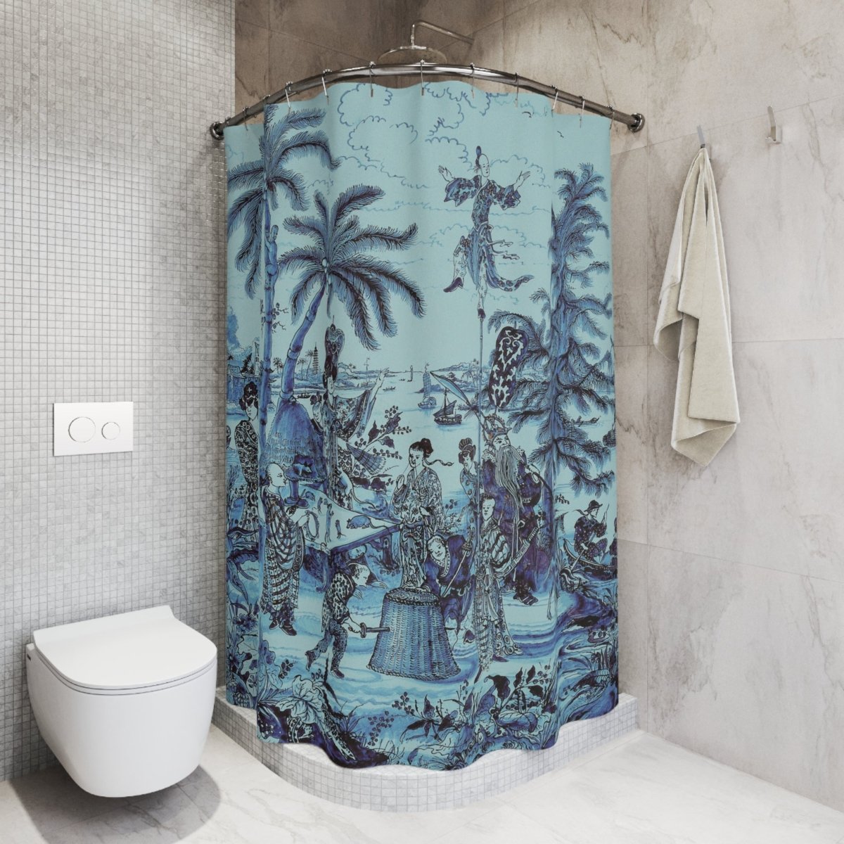 Vintage Chinoiserie Palm Tree Shower Curtain in Turquoise - Shower Curtain - Piccolo Fiore Prints