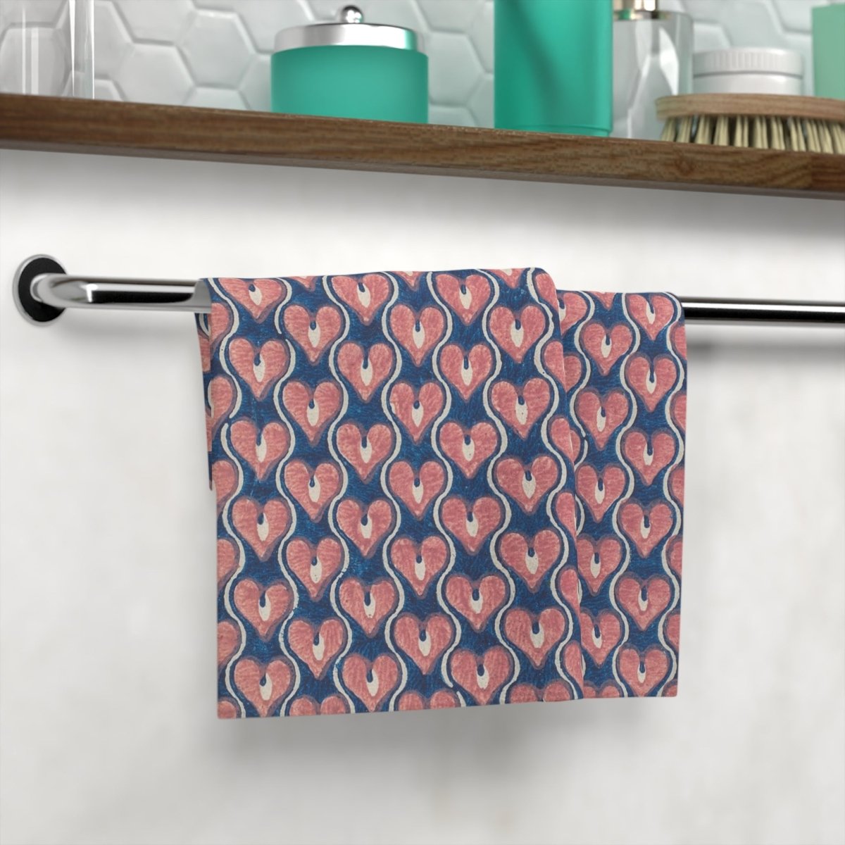 Vintage Painted Hearts in Navy Blue and Pink | Face Towel - Face Towel - Piccolo Fiore Prints
