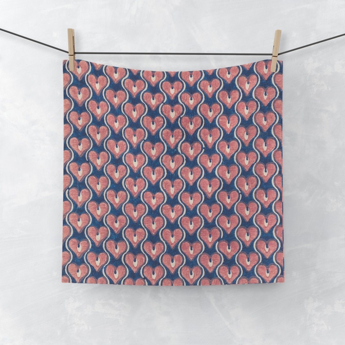 Vintage Painted Hearts in Navy Blue and Pink | Face Towel - Face Towel - Piccolo Fiore Prints