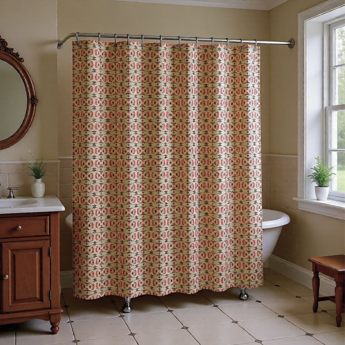 Whimsy Neutral Beige Geometric Floral | Shower Curtain - Shower Curtain - Piccolo Fiore Prints
