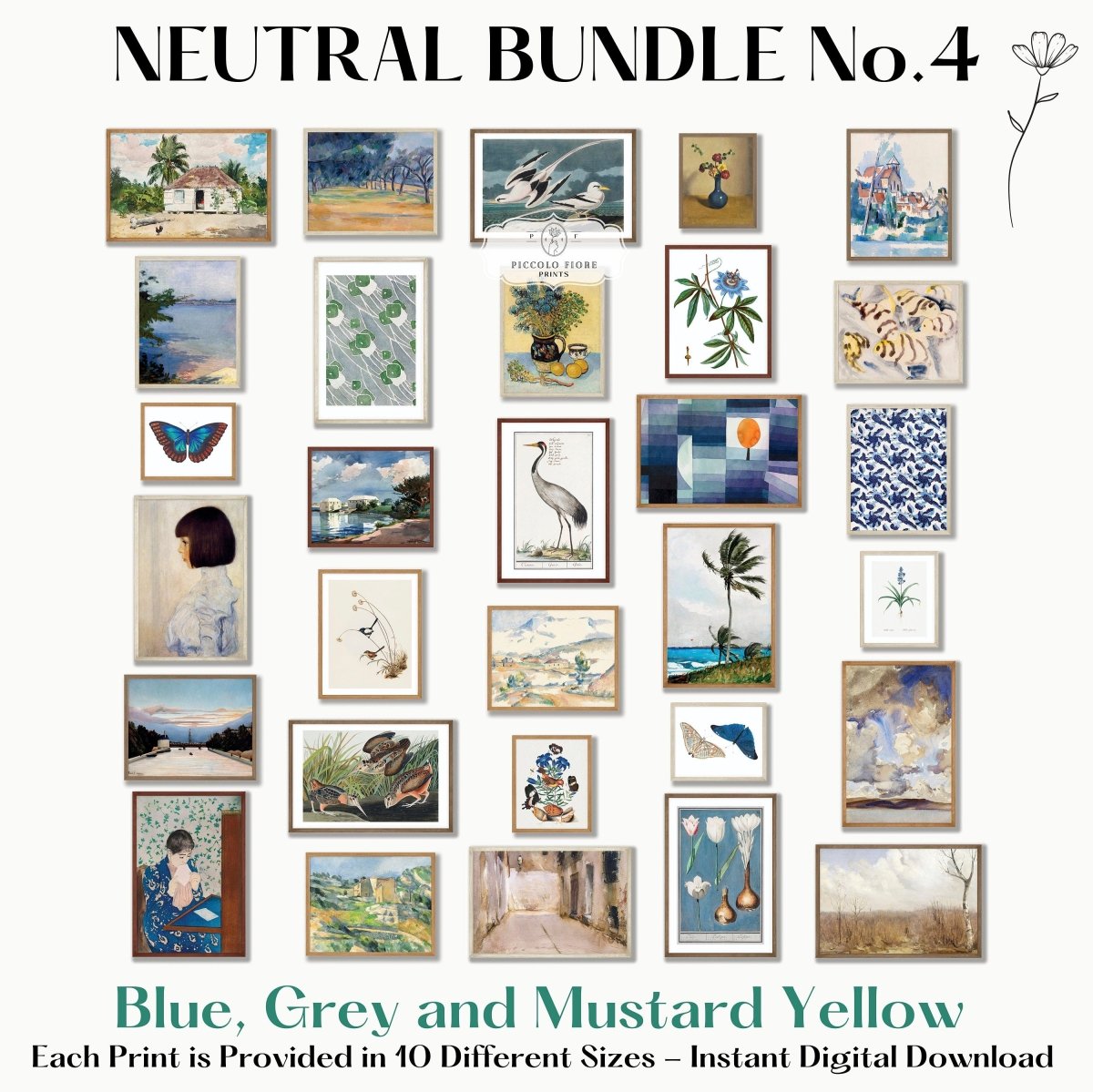 30 Digital Art Prints | BLUE/GREY Neutral Vintage Print BUNDLE | NB4 - Digital Art Bundle - Piccolo Fiore Prints