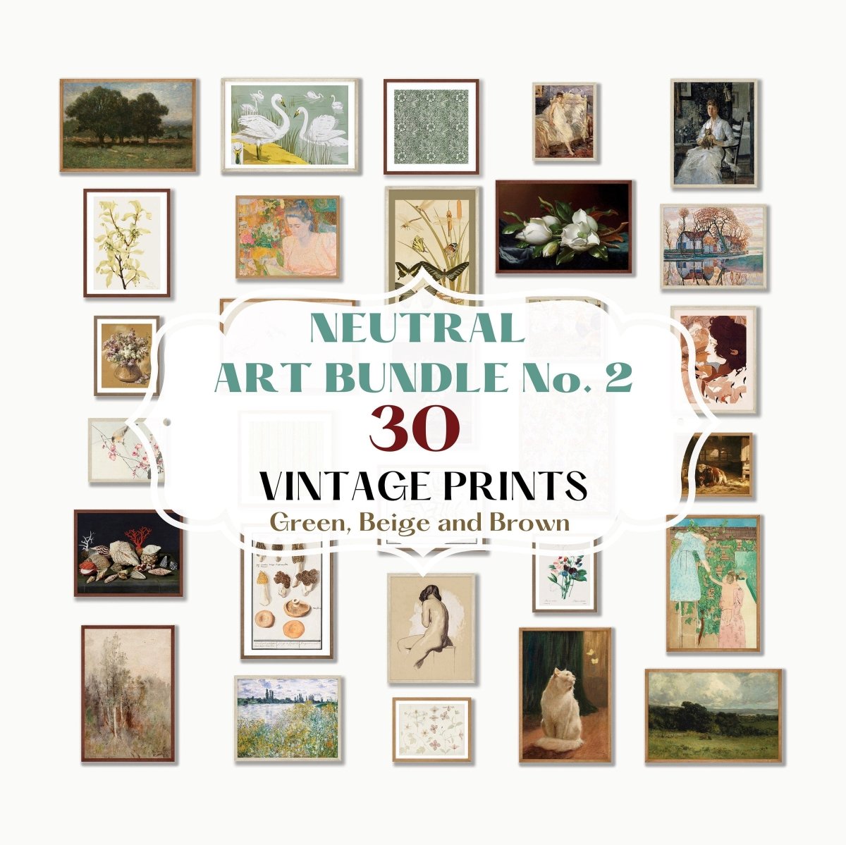 30 Digital Art Prints | GREEN Neutral Vintage Print BUNDLE | NB2 - Digital Art Bundle - Piccolo Fiore Prints
