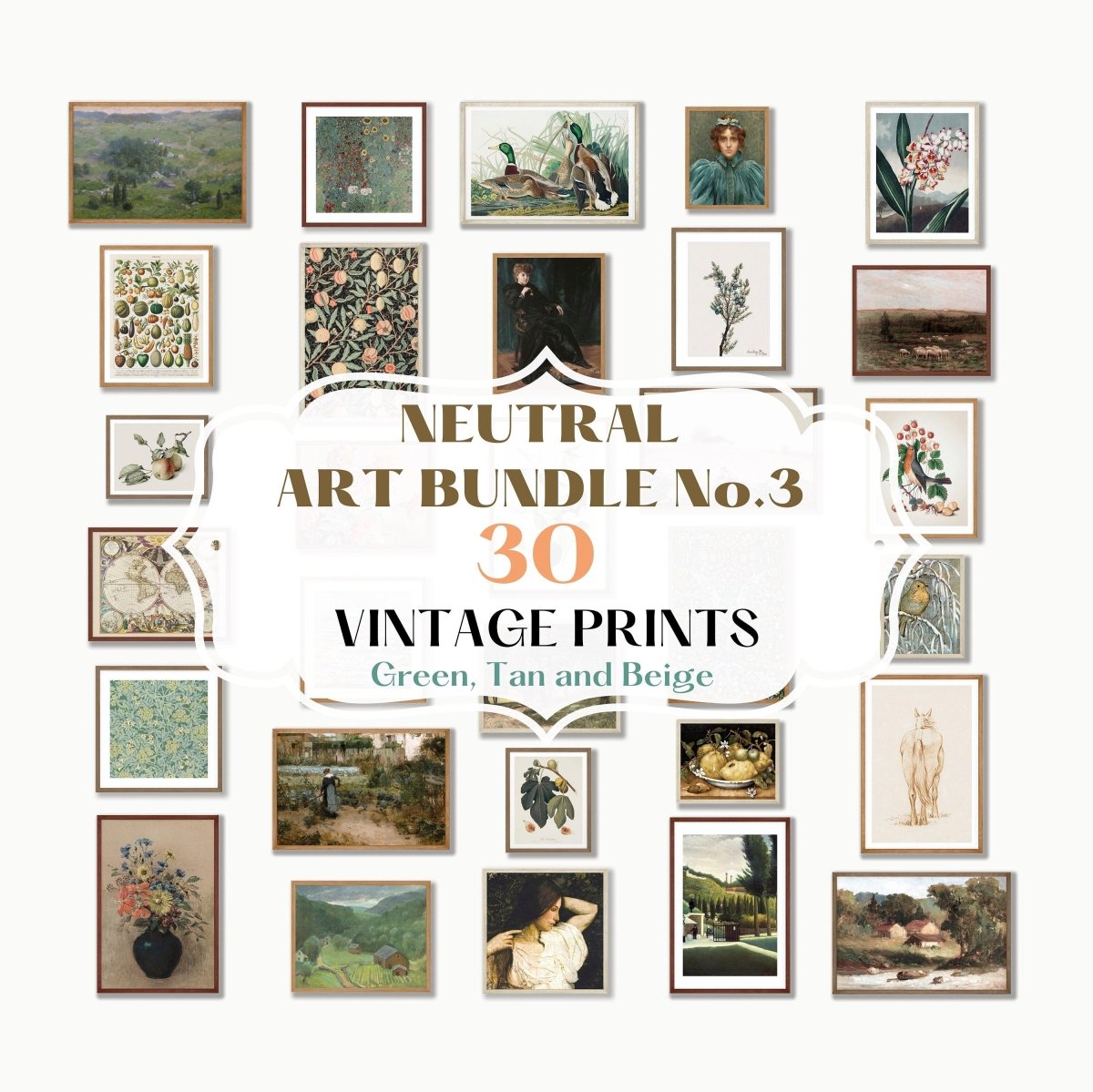 30 Digital Art Prints | GREEN/BEIGE Neutral Vintage Print BUNDLE | NB3 - Digital Art Bundle - Piccolo Fiore Prints