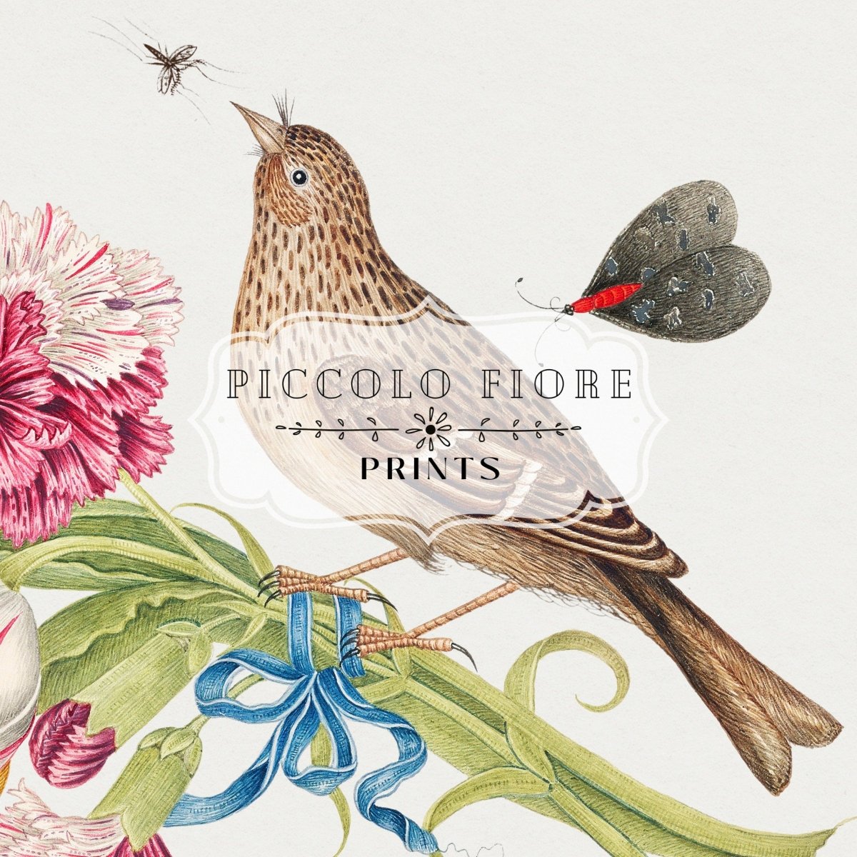 Bird, Butterfly and Flowers Illustration | P165 - Single Art Prints - Piccolo Fiore Prints