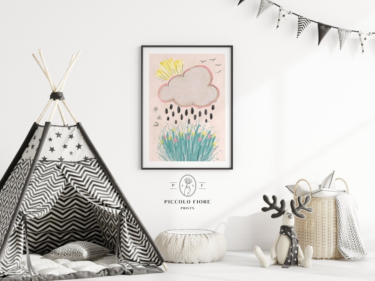 Rain Cloud, Sunshine and Flowers Pastel Pink, Green, Yellow and Black Floral Illustration Art Print | Instant DIGITAL DOWNLOAD | K2 - Single Art Prints - Piccolo Fiore Prints