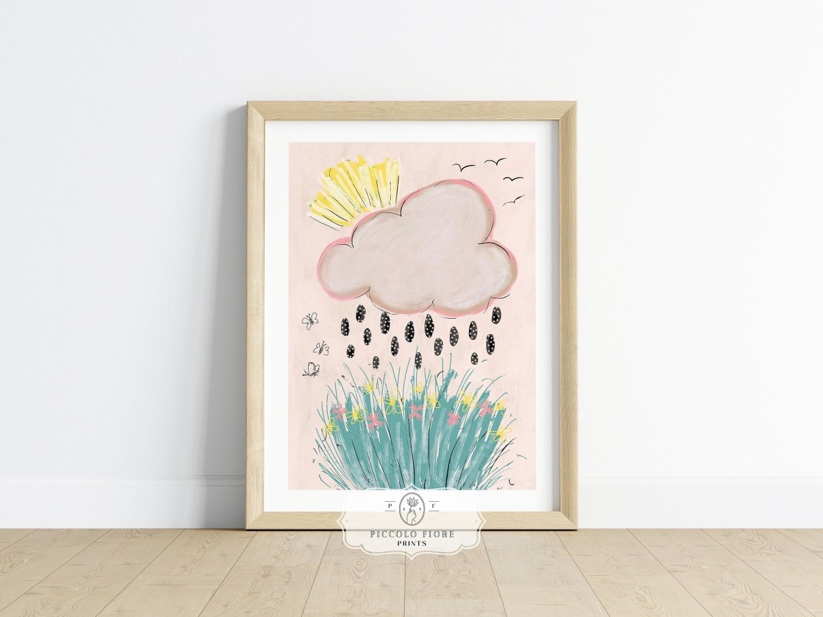 Rain Cloud, Sunshine and Flowers Pastel Pink, Green, Yellow and Black Floral Illustration Art Print | Instant DIGITAL DOWNLOAD | K2 - Single Art Prints - Piccolo Fiore Prints