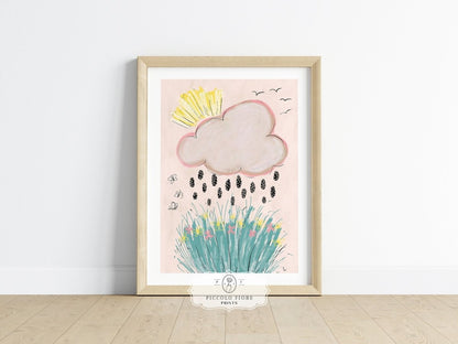 Rain Cloud, Sunshine and Flowers Pastel Pink, Green, Yellow and Black Floral Illustration Art Print | Instant DIGITAL DOWNLOAD | K2 - Single Art Prints - Piccolo Fiore Prints