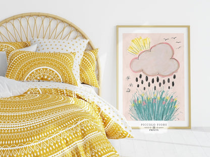 Rain Cloud, Sunshine and Flowers Pastel Pink, Green, Yellow and Black Floral Illustration Art Print | Instant DIGITAL DOWNLOAD | K2 - Single Art Prints - Piccolo Fiore Prints