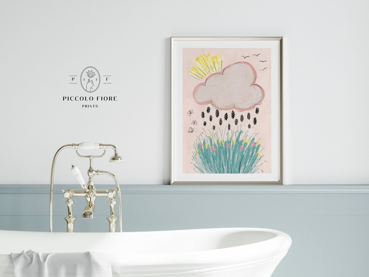 Rain Cloud, Sunshine and Flowers Pastel Pink, Green, Yellow and Black Floral Illustration Art Print | Instant DIGITAL DOWNLOAD | K2 - Single Art Prints - Piccolo Fiore Prints