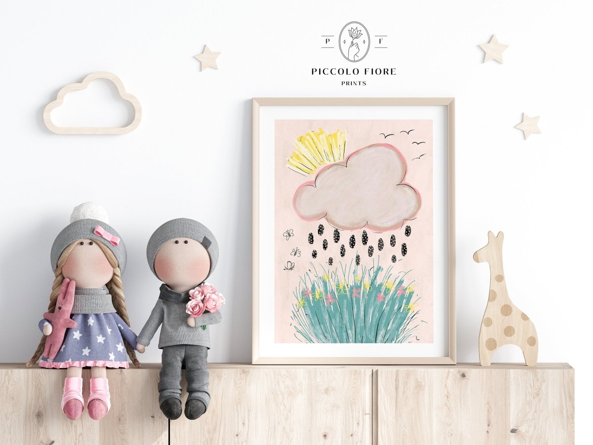 Rain Cloud, Sunshine and Flowers Pastel Pink, Green, Yellow and Black Floral Illustration Art Print | Instant DIGITAL DOWNLOAD | K2 - Single Art Prints - Piccolo Fiore Prints