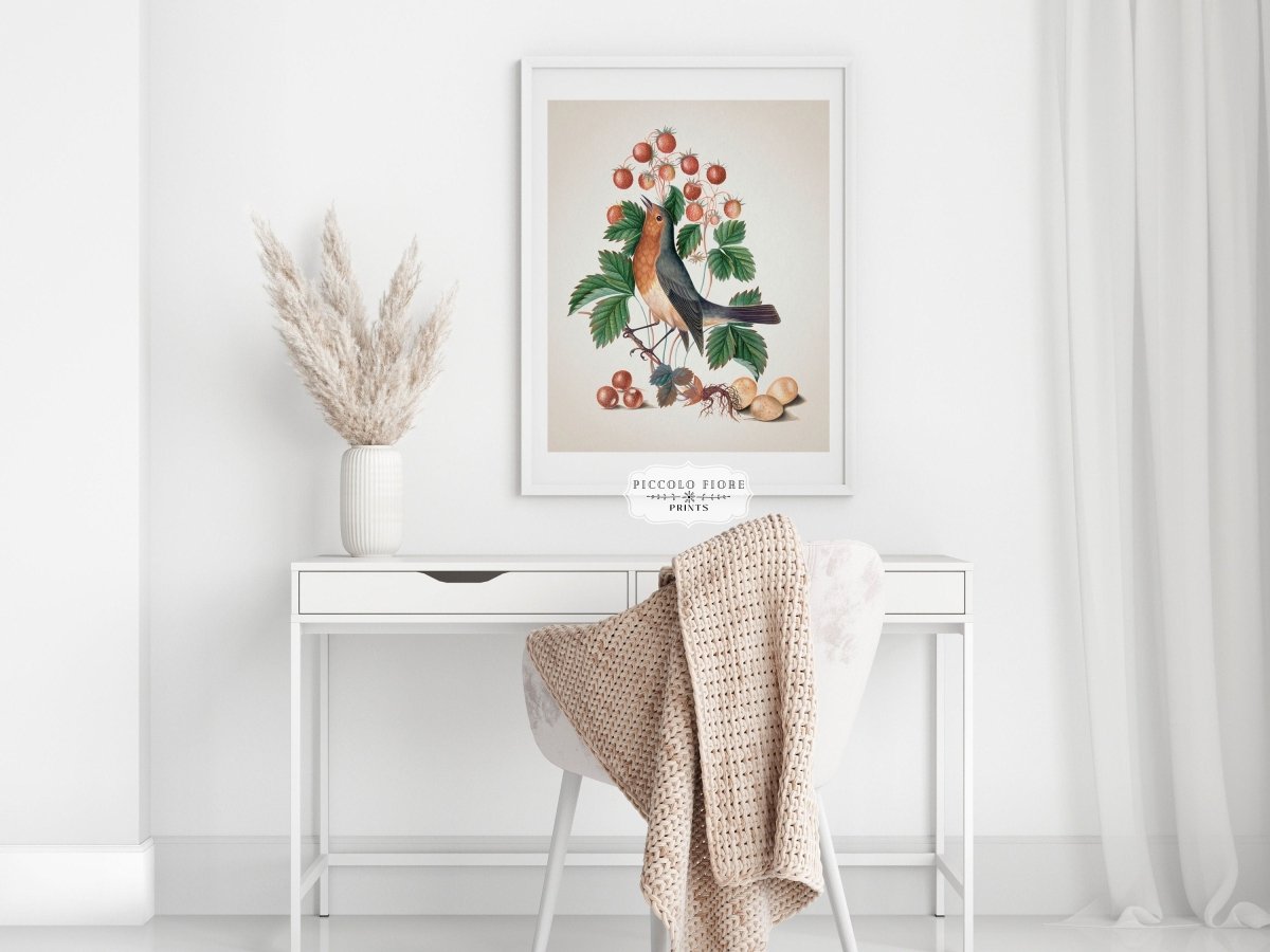 Robin and Strawberries Illustration | P385 - Single Art Prints - Piccolo Fiore Prints