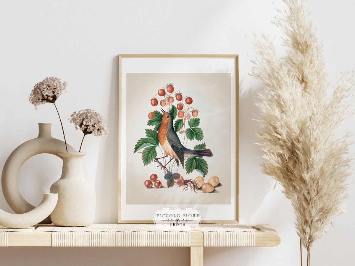 Robin and Strawberries Illustration | P385 - Single Art Prints - Piccolo Fiore Prints