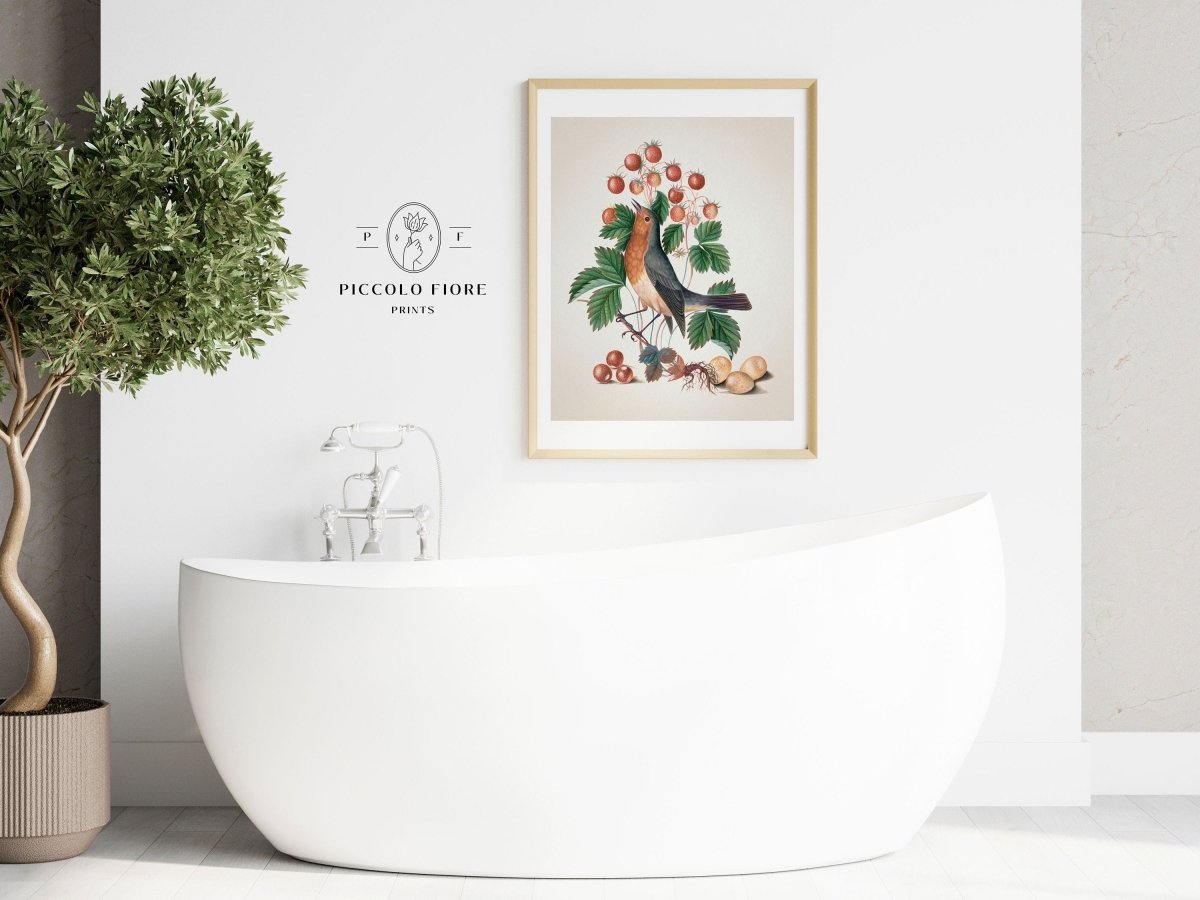 Robin and Strawberries Illustration | P385 - Single Art Prints - Piccolo Fiore Prints