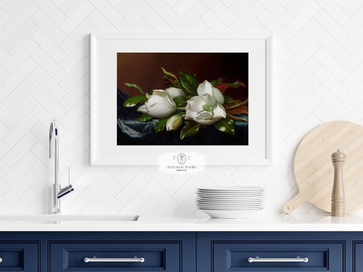 White Magnolias on Blue Velvet Cloth | P349 - Single Art Prints - Piccolo Fiore Prints
